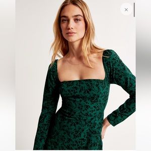 Abercrombie Long-Sleeve Squareneck Midi Dress - XS Tall - Green Floral